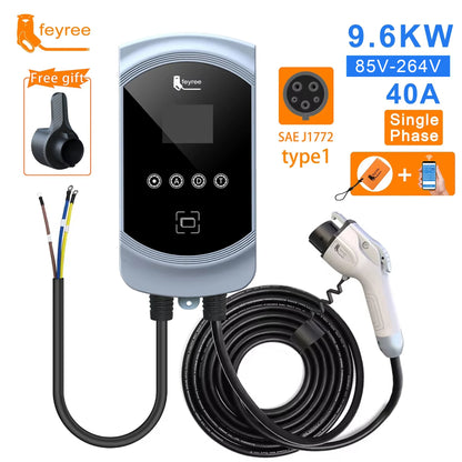 feyree EV Charger Type1 Cable j1772 Socket 32A 40A 50A Single Phase EVSE Wallbox Charging Station APP Control for Electric Car