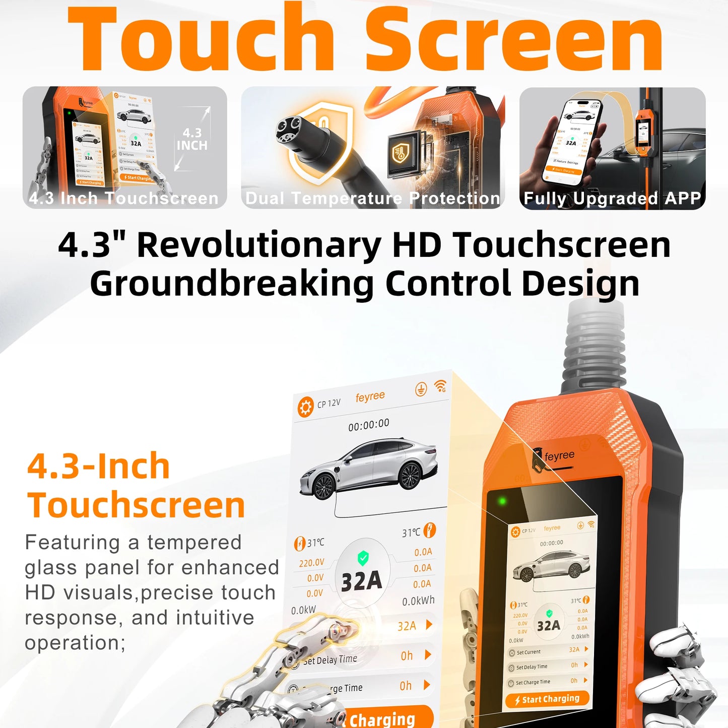 feyree TS-NACS Socket 7kW 32A 1P Portable EV Charger 4.3 Inch Touch Screen High Power Smart APP WiFi Control for EV Tesla Cars