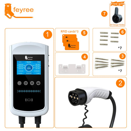 feyree Type2 EV Charger 32A 7.6KW Charging Station Car Charger 11KW 22KW 3Phase EVSE Wallbox 4.3inch Screen Smart APP Control
