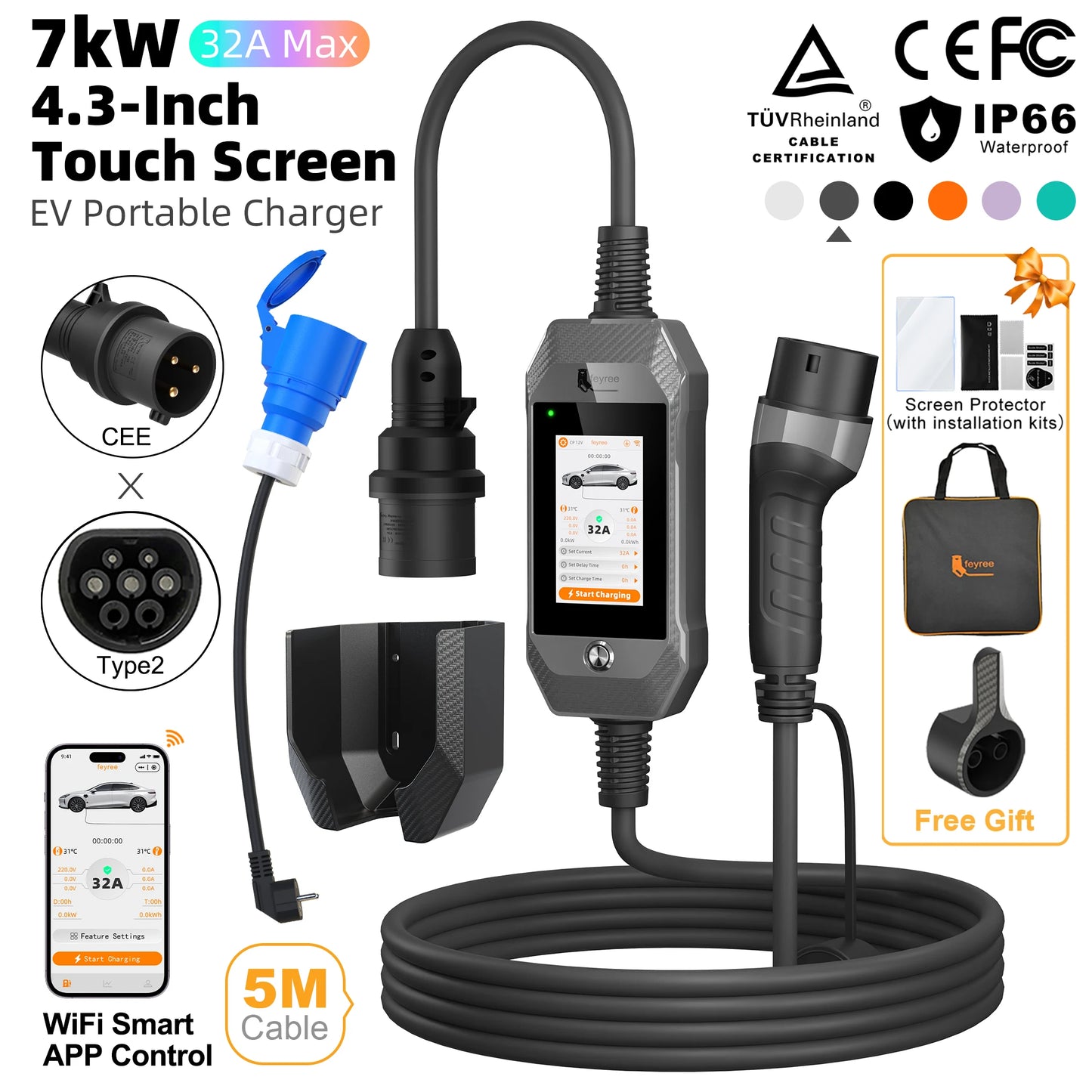 feyree 4.3 Inch Touch Screen Portable 7kW EV Charger Type2 Charging Plug with Smart Wifi APP AC Home Charger Professional Design