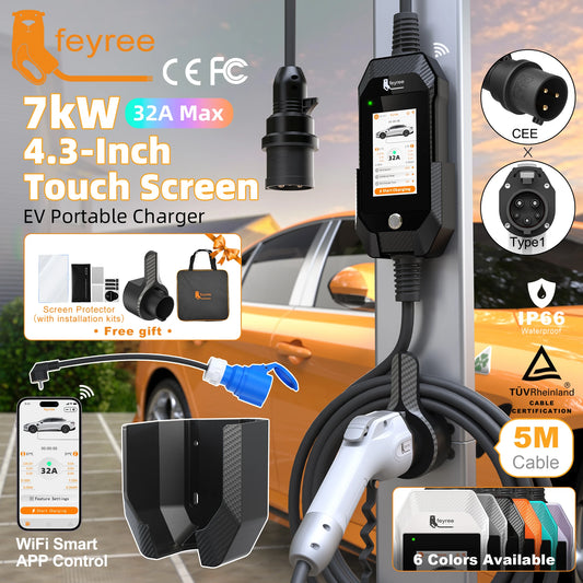 feyree 4.3'' TouchScreen Type1 Charging Plug Portable 7kW EV Charger Dual Temp Portection with Smart APP OTA Upgrade AC Charger