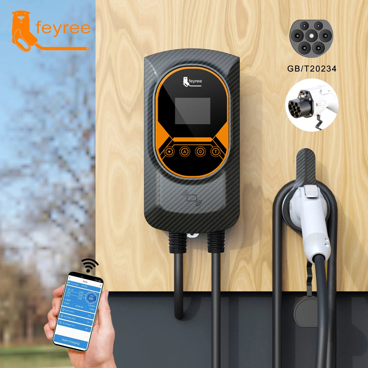 feyree EV Charger GB/T Socket EVSE Wallbox 32A 22KW 3Phase 16A 11KW Electric Vehicle APP Control Charging Station 7.6KW 5m Cable