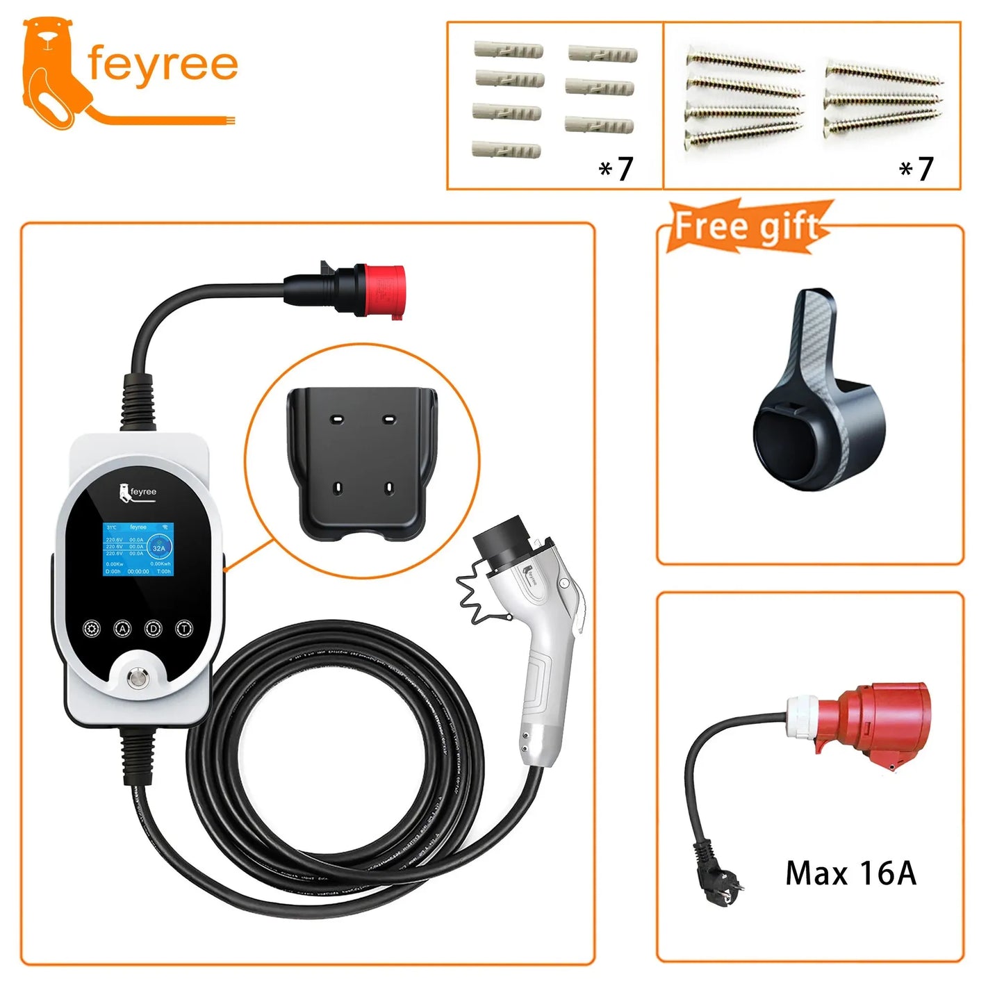 feyree 22KW 32A 3Phase GB/T Portable EV Charger Fast Charger Charging Station Smart Wi-Fi APP Control for Electric Car Charger