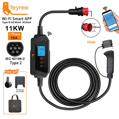 feyree Portable EV Charger Type2 22KW 11KW 3P Fast Charging 32A 7KW 1P Smart APP Wi-Fi Control for Electric Vehicle Car Charger