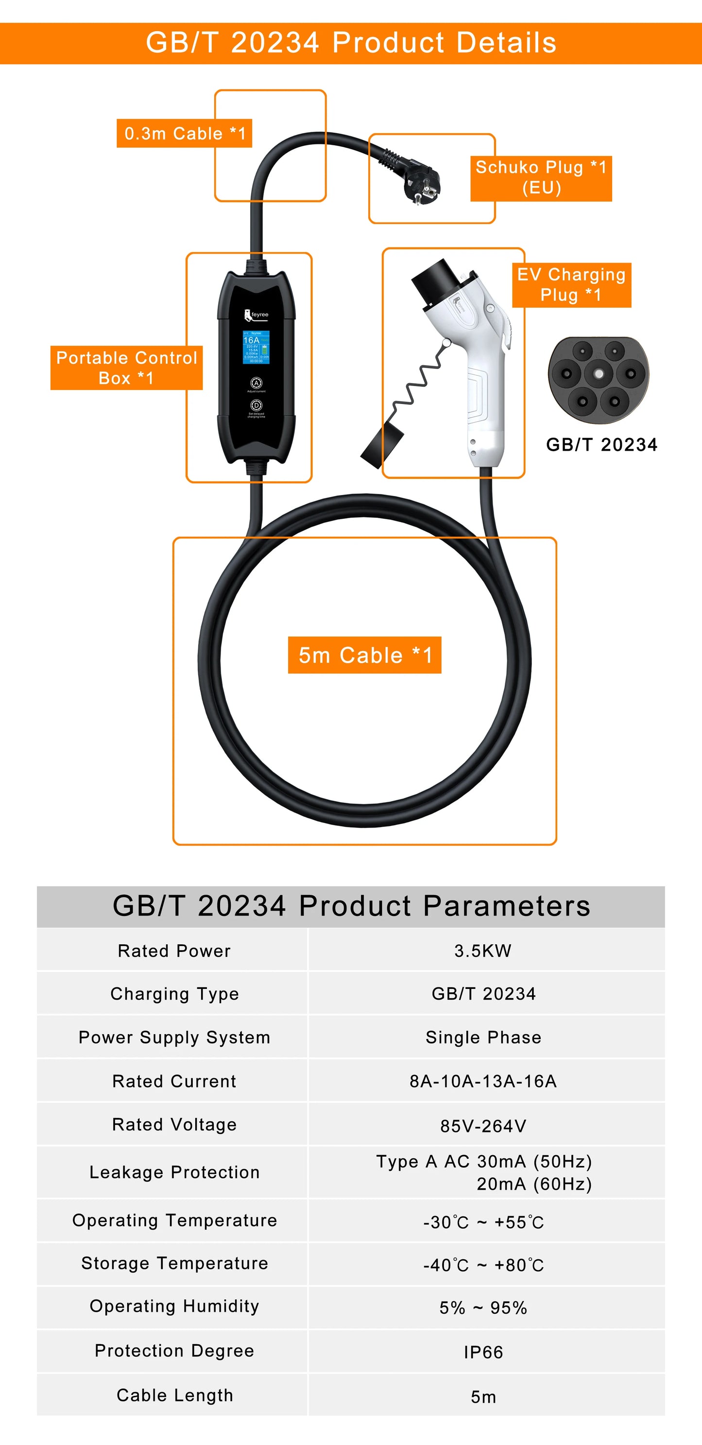 feyree EV Charger Type2 3.5KW 16A Portable Charging Box Set Current and Set Delay Time 5M Cable for Electric Vehicle Car Charger