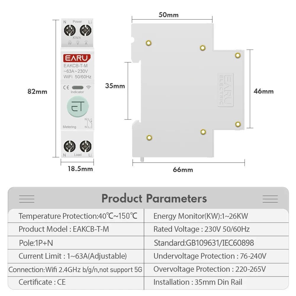 Tuya WiFi Smart Circuit Breaker MCB 1P+N 63A Timer Power Energy kWh Voltage Current Meter Protector Voice Remote Control Switch by 54Grid - Renewable Energy Store
