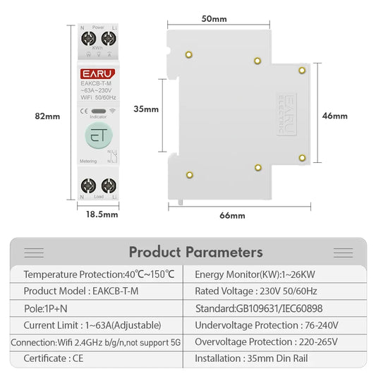 Tuya WiFi Smart Circuit Breaker MCB 1P+N 63A Timer Power Energy kWh Voltage Current Meter Protector Voice Remote Control Switch by 54Grid - Renewable Energy Store