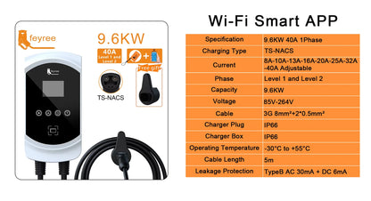 feyree EV Charging Station 32A 7.6KW Electric Vehicle Car Charger EVSE Wallbox 9.6KW 12KW 5m Cable TS-NACS Socket APP Control
