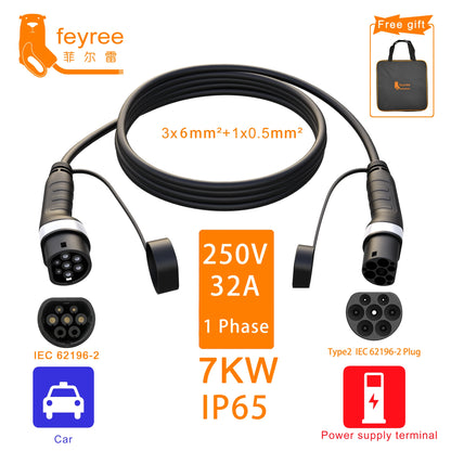 feyree EV Charger Type2 to Type2 Charging Cable 32A 7KW 1Phase 16A 3.5KW 11KW 22KW 3Phase Charger Station for Electric Vehicle