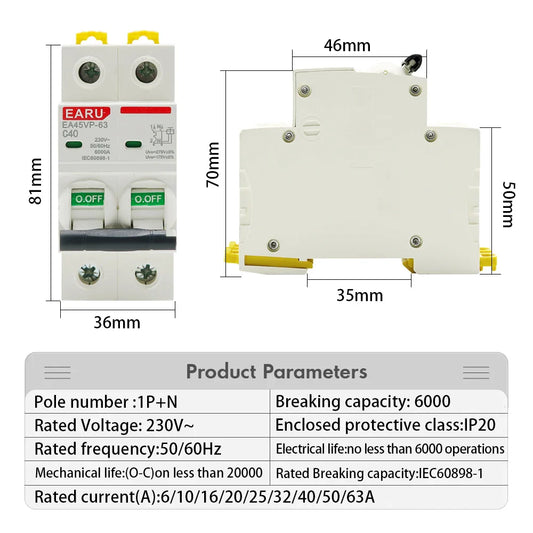 AC 230V 50/60Hz MCB Type C Mini Circuit Breaker Overvoltage and Undervoltage Protection 6A 10A 16A 20A 25A 32A 40A 50A 63A 1P+N