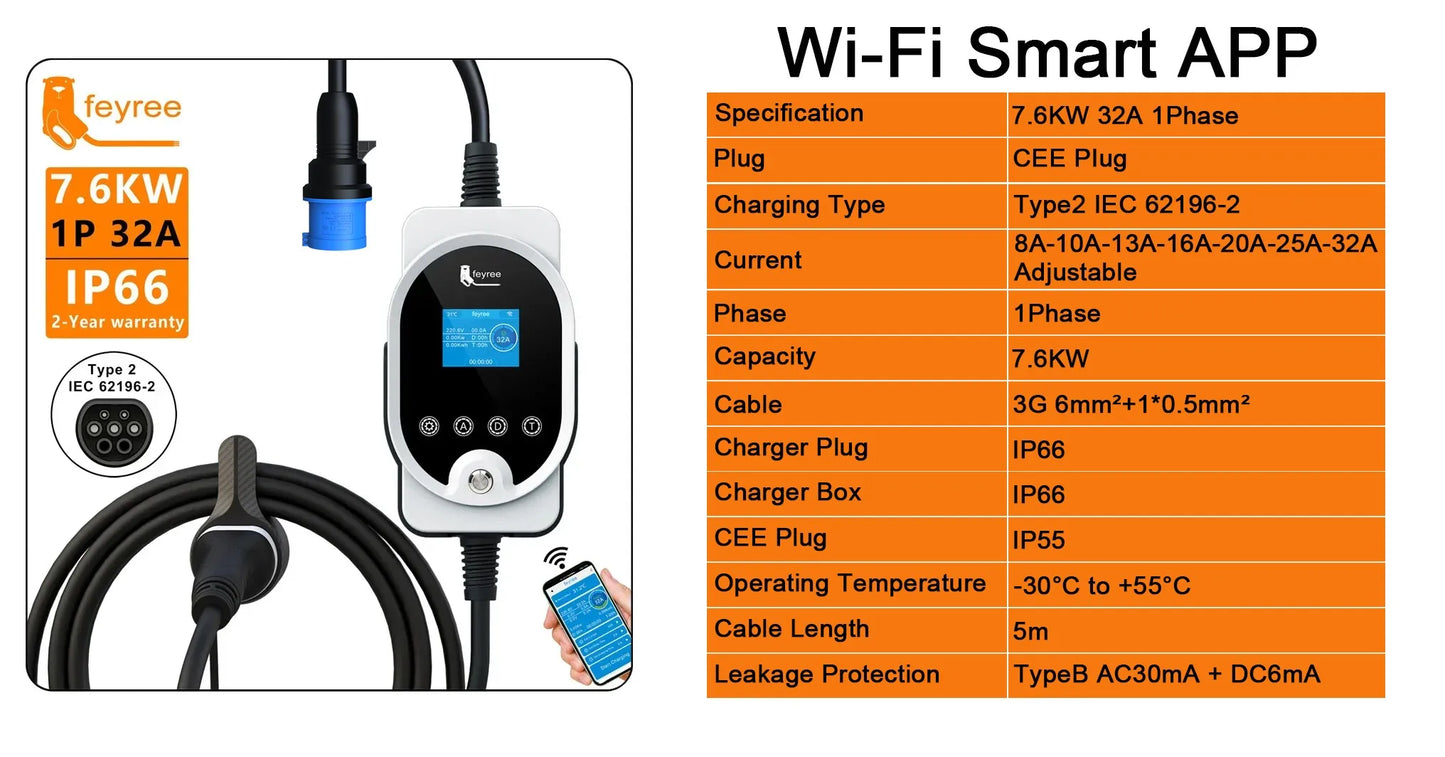 feyree Type2 7KW 32A 1P APP Wi-Fi Control Setting Current & Charging Time Type1 / GBT / TS-NACS Plug