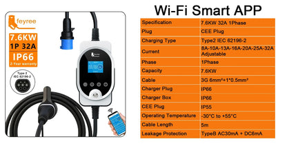 feyree Type2 7KW 32A 1P APP Wi-Fi Control Setting Current & Charging Time Type1 / GBT / TS-NACS Plug