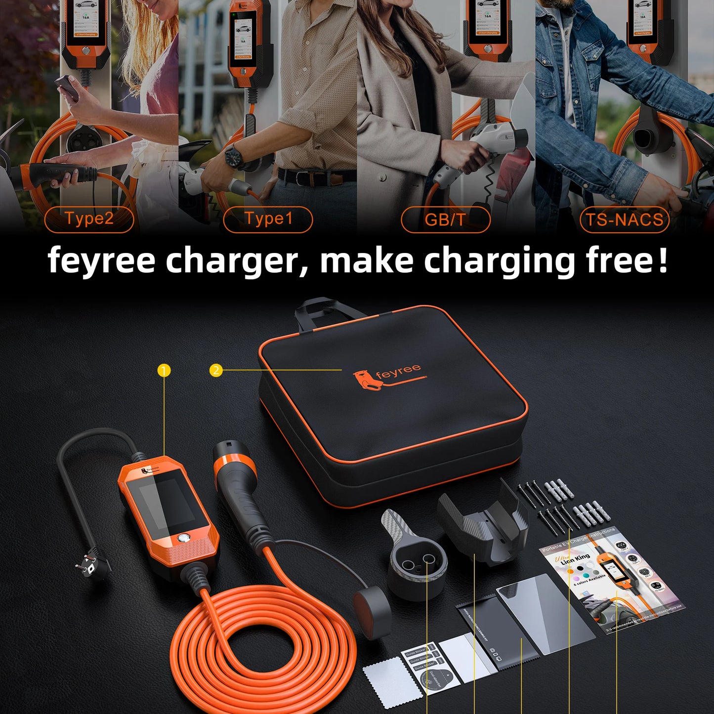 feyree 4.3inch Touch Screen Portable EV Charger Type2 / Type1 / GBT / TS-NACS EV Charger 16A 3.5kW 1Phase Smart APP WiFi Control