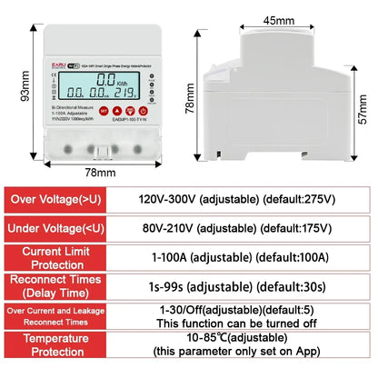 100A Tuya WiFi Smart Single Phase Energy Meter Over Under Voltage Protector Electricity Bi-Directional Measure kWh Power Meter by 54Grid - Renewable Energy Store