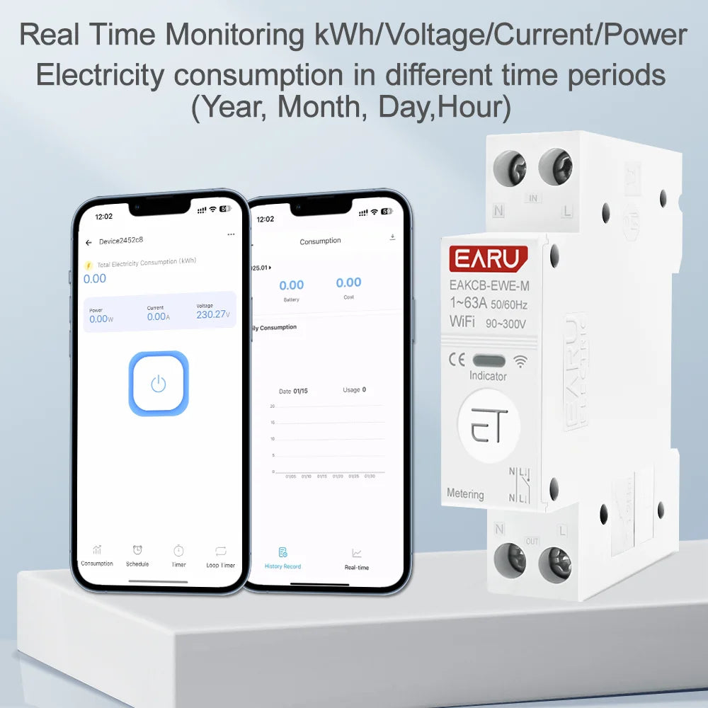 eWeLink WiFi Smart Circuit Breaker 1P+N 63A MCB Timer Relay Switch Energy Metering kWh Voltage Current Protector Remote Control