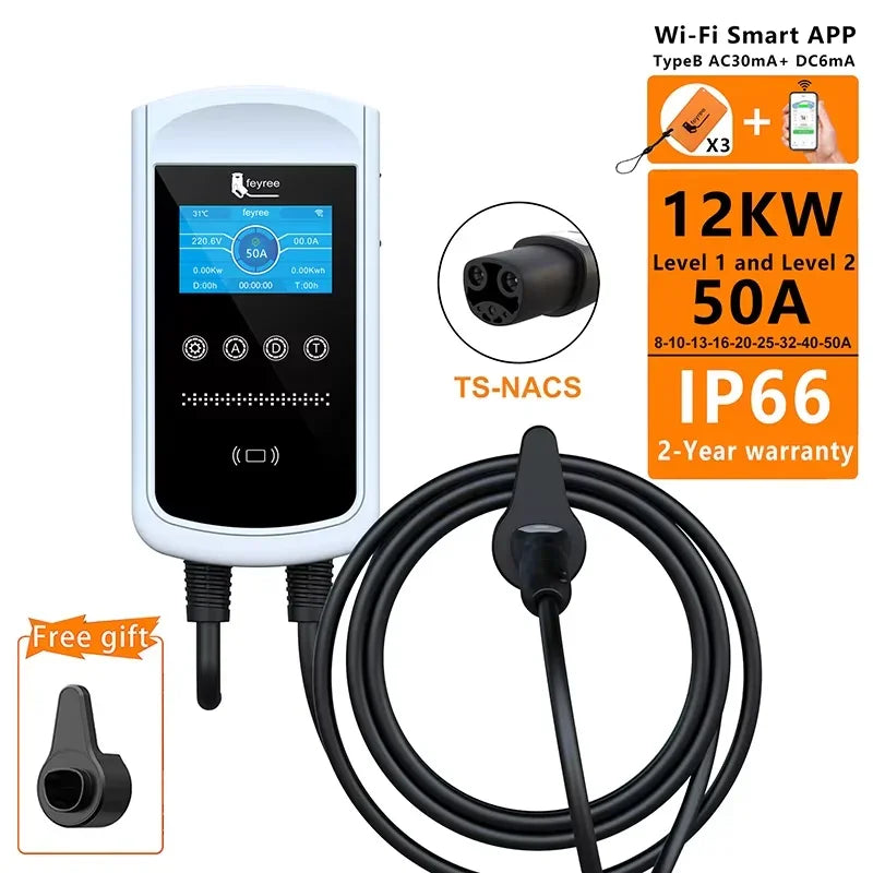 feyree EV Charging Station 32A 7KW TS-NACS Charger Plug for Tesla Car Charger EVSE Wallbox 9.6KW 12KW Fast Charging APP Control