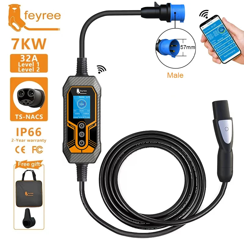 feyree EV Charger Wallbox TS-NACS Socket 32A 7KW 1Phase APP Control EVSE Portable Charging Box for Tesla Cars Models 3/Y/S/X by 54Grid - Renewable Energy Store