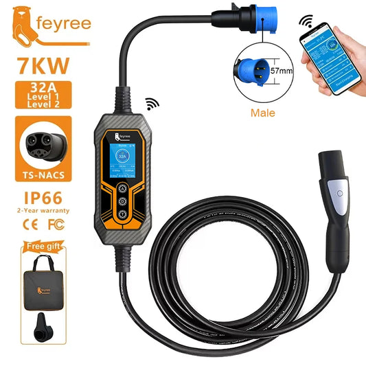 feyree EV Charger Wallbox TS-NACS Socket 32A 7KW 1Phase APP Control EVSE Portable Charging Box for Tesla Cars Models 3/Y/S/X by 54Grid - Renewable Energy Store