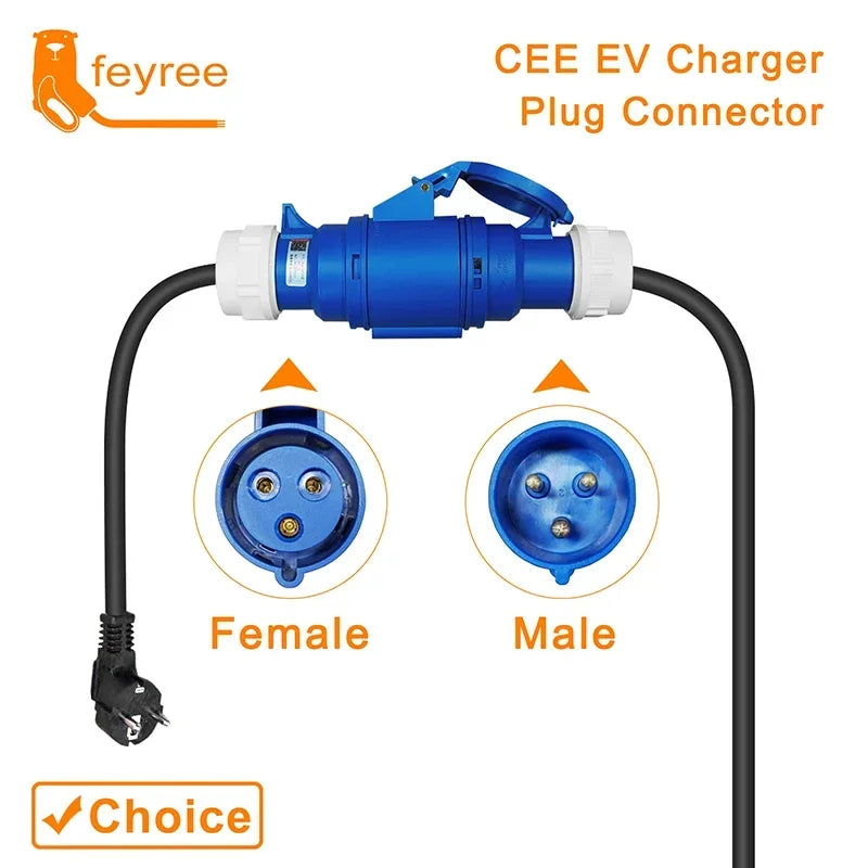 feyree EV Charger CEE Female Socket 3Pins to Schuko Plug Adapter Waterproof Connection WallMount Socket 32A 7KW Portable Charger