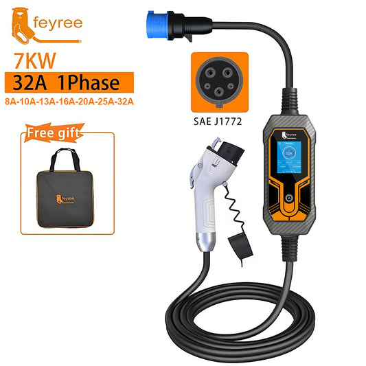 feyree Portable EV Charger Wallbox Type1 j1772 7KW 32A 1Phase with CEE Plug EVSE Charging Box for Electric Car Charger 5m Cable