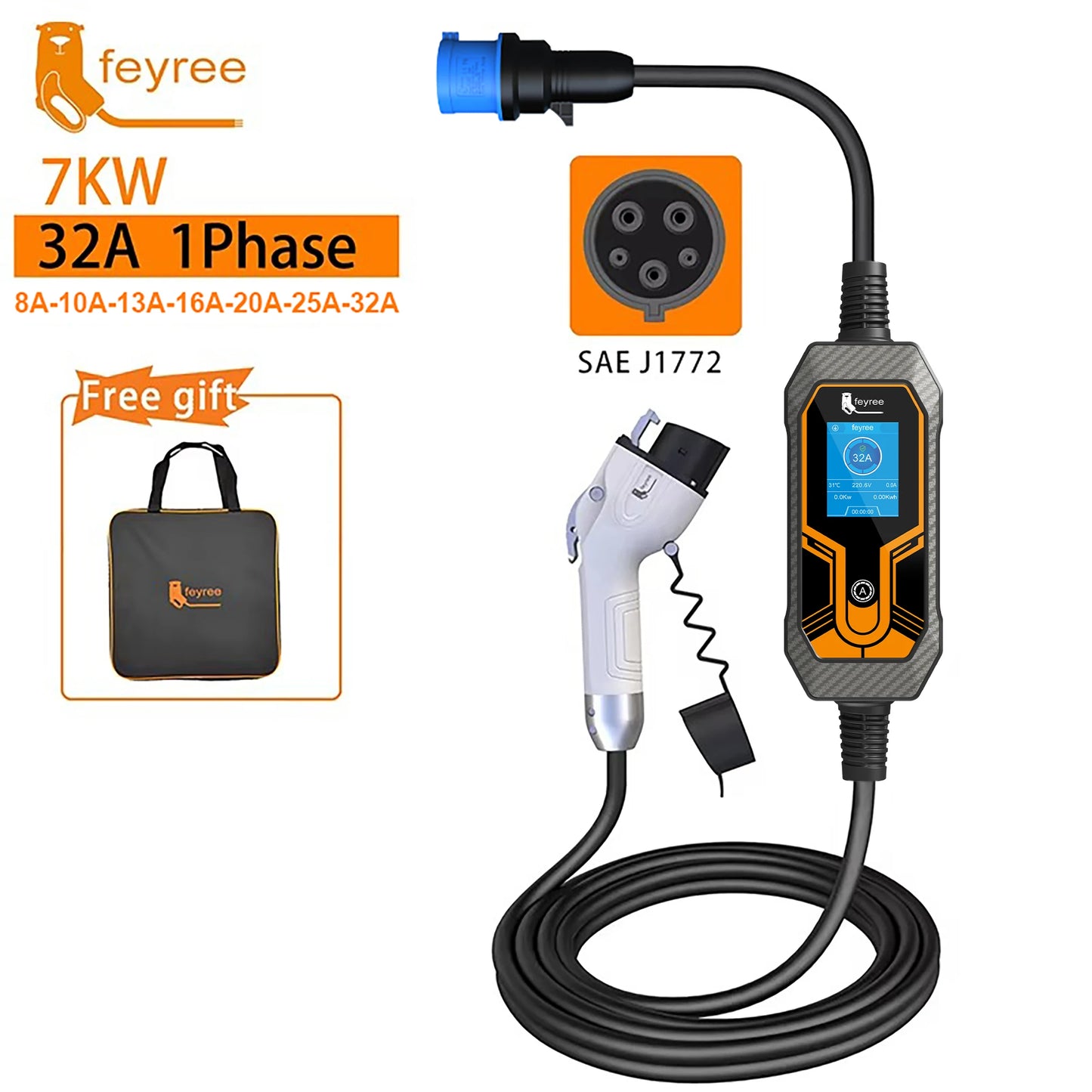 feyree Type1 j1772 7kW 32A 1Phase Portable EV Charger Wallbox with CEE Plug EVSE Charging Box for Electric Car Charger 5m Cable