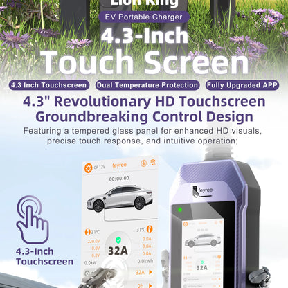 feyree Type2 /Type1 /GBT /TS-NACS 4.3inch Touch Screen EV Charger 32A 7kW 1P Portable Charger Smart APP WiFi Control for EV Cars