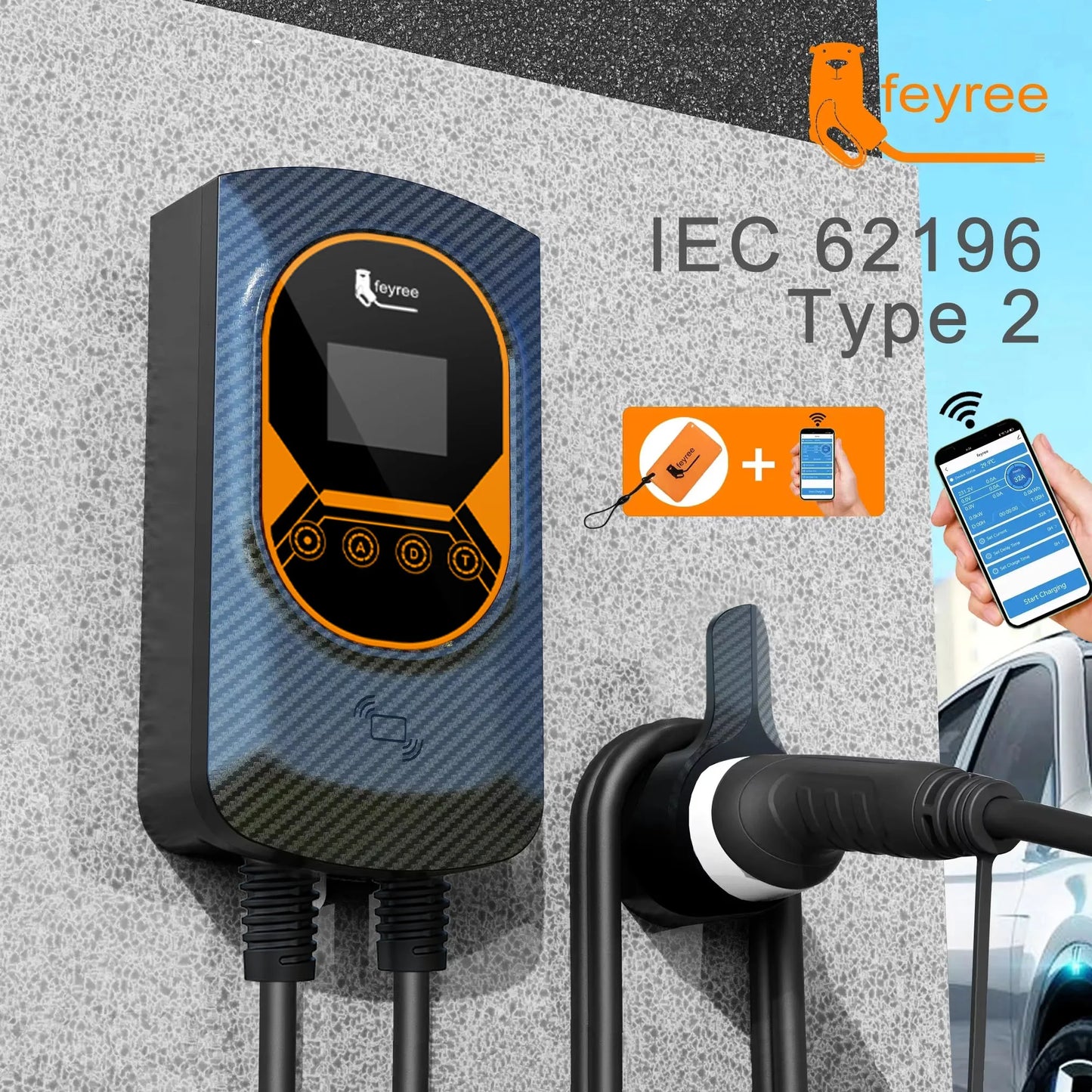 feyree EV Charging Station 32A Electric Vehicle Car Charger EVSE Wallbox Wallmount 7.6/11/22KW Type2 Cable IEC62196 APP Control