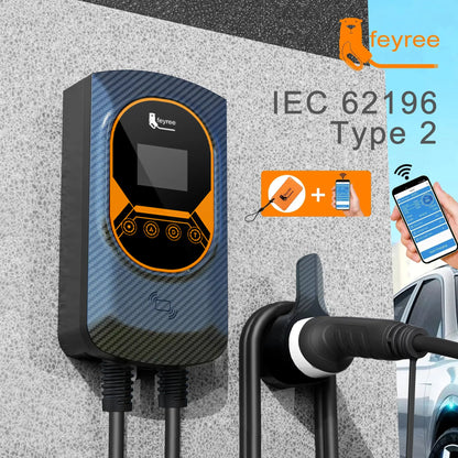 feyree EV Charging Station 32A Electric Vehicle Car Charger EVSE Wallbox Wallmount 7.6/11/22KW Type2 Cable IEC62196 APP Control