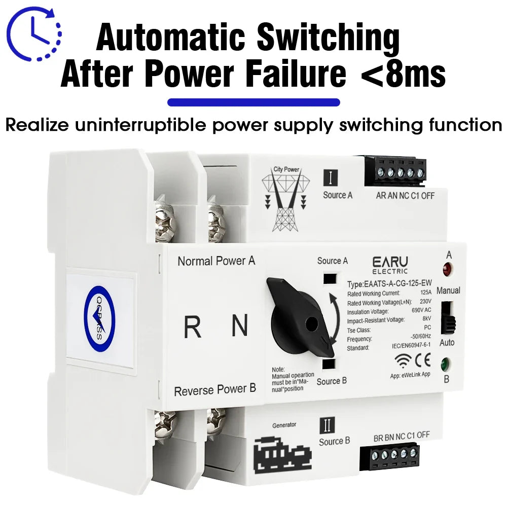 eWeLink WiFi Smart Remote Control 2/3/4P 125A AC 230V ATS Dual Power Automatic Transfer Electrical Selector Switch Uninterrupted