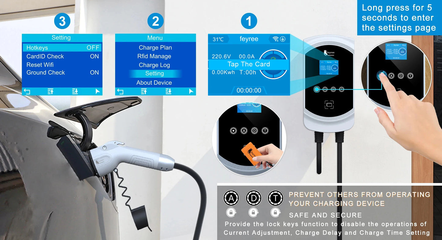 feyree EV Charger Type1 Cable j1772 Socket 32A 40A 50A Single Phase EVSE Wallbox Charging Station APP Control for Electric Car