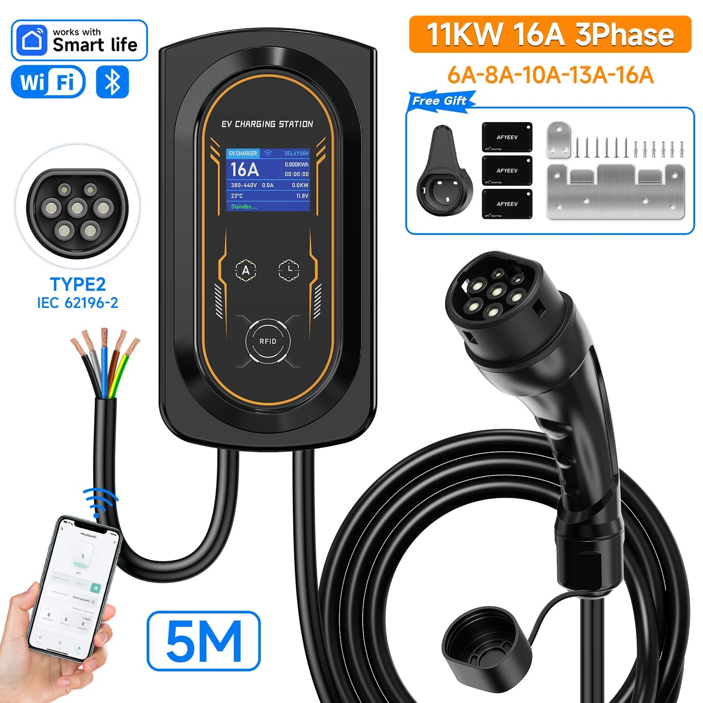 AFYEEV EV Charger 32A 7.6KW Electric Vehicle Car Charger EVSE Wallbox 11KW 22KW 3Phase Type2 Cable IEC62196-2 Socket APP Control