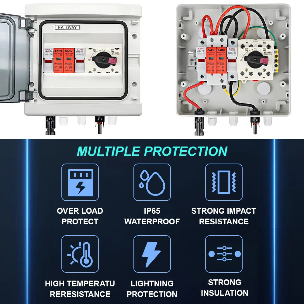DC 1000V 1 Input 1 Output Solar Photovoltaic PV Combiner Box With Surge Lightning Protection DC Fuse MCB SPD Waterproof Box IP65