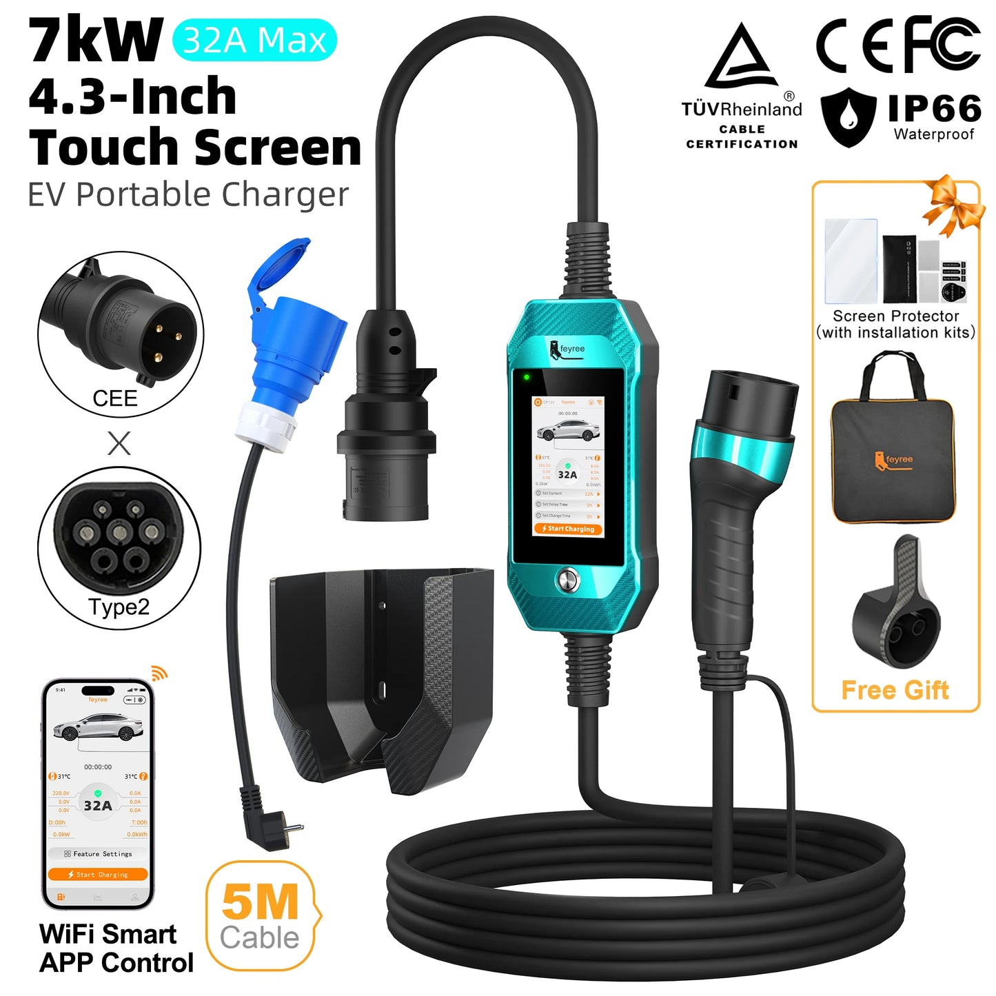 feyree EV Charger 4.3inch Touch Screen Type2 /Type1 /GBT /TS-NACS 32A 7kW 1P Portable Charger Smart APP WiFi Control for EV Cars