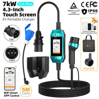 feyree EV Charger 4.3inch Touch Screen Type2 /Type1 /GBT /TS-NACS 32A 7kW 1P Portable Charger Smart APP WiFi Control for EV Cars