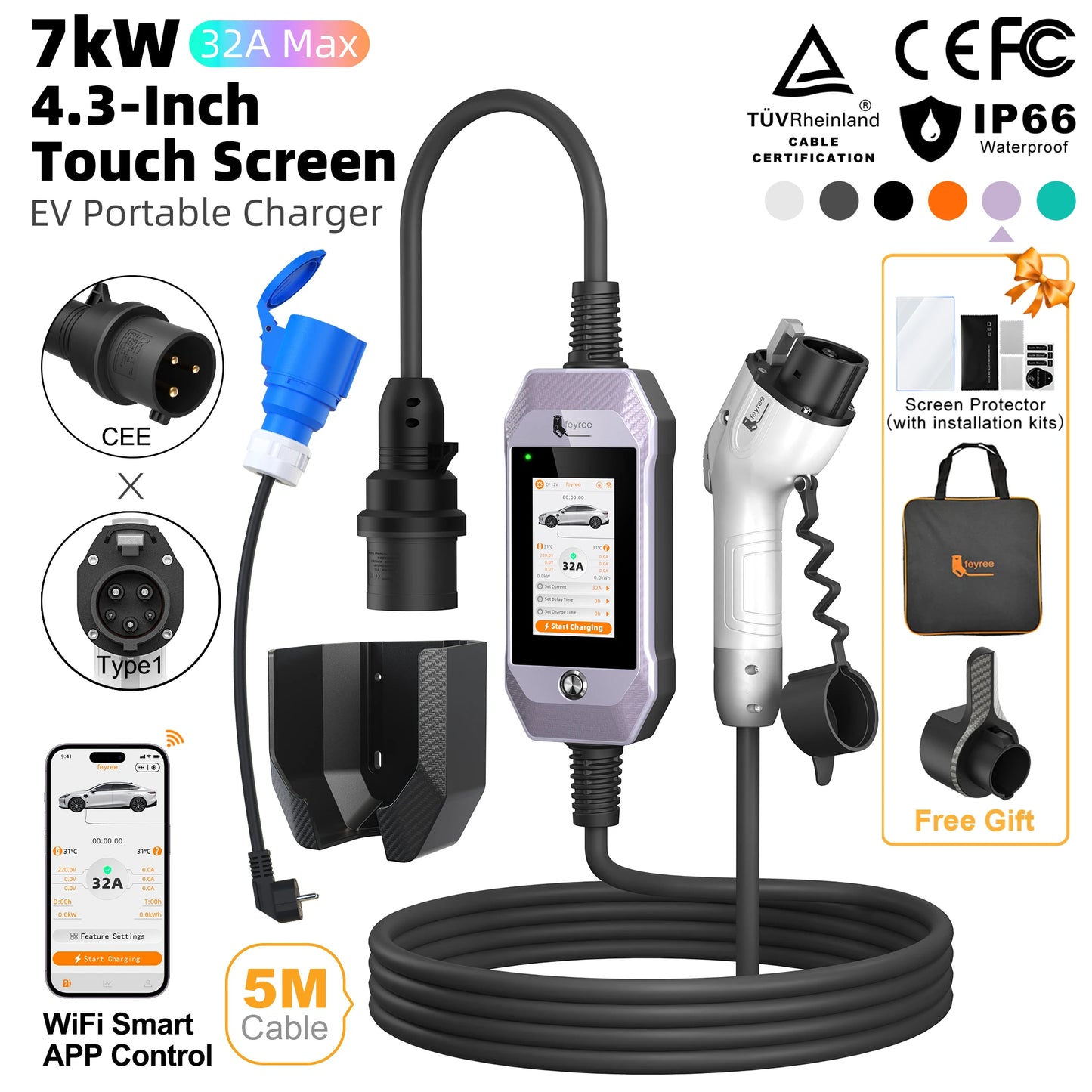 feyree 4.3'' TouchScreen Type1 Charging Plug Portable 7kW EV Charger Dual Temp Portection with Smart APP OTA Upgrade AC Charger