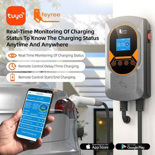 feyree Type 1 7kW 9.6kW 12kW EV Charging Wallbox Adjustable Current EV Home Charger WIFI Bluetooth Control with DLB Function