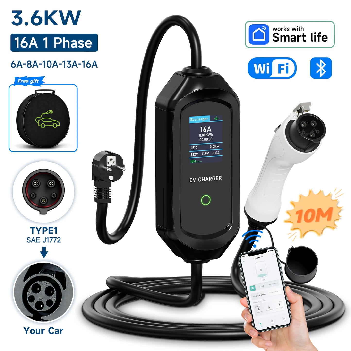 AFYEEV 3600W Portable Type2 IEC62196-2 EV Charger Type1 SAE J1772 Electric Car Charger GBT EVSE Charging Cable Wallbox EU Plug