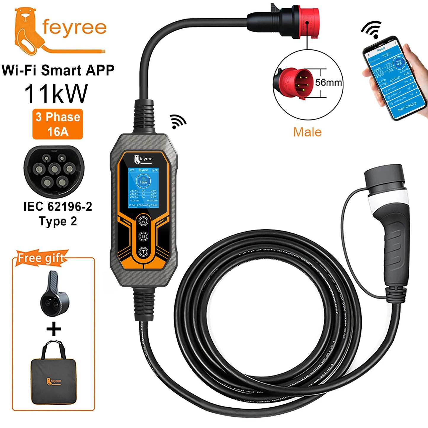 feyree 11kW Type2 16A 3Phase Portable EV Charger Wi-Fi APP Bluetooth Version EVSE Charging Cable 5m CEE Plug for Electric Car