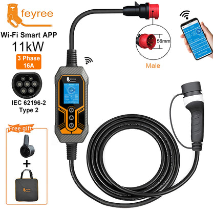 feyree 11kW Type2 16A 3Phase Portable EV Charger Wi-Fi APP Bluetooth Version EVSE Charging Cable 5m CEE Plug for Electric Car