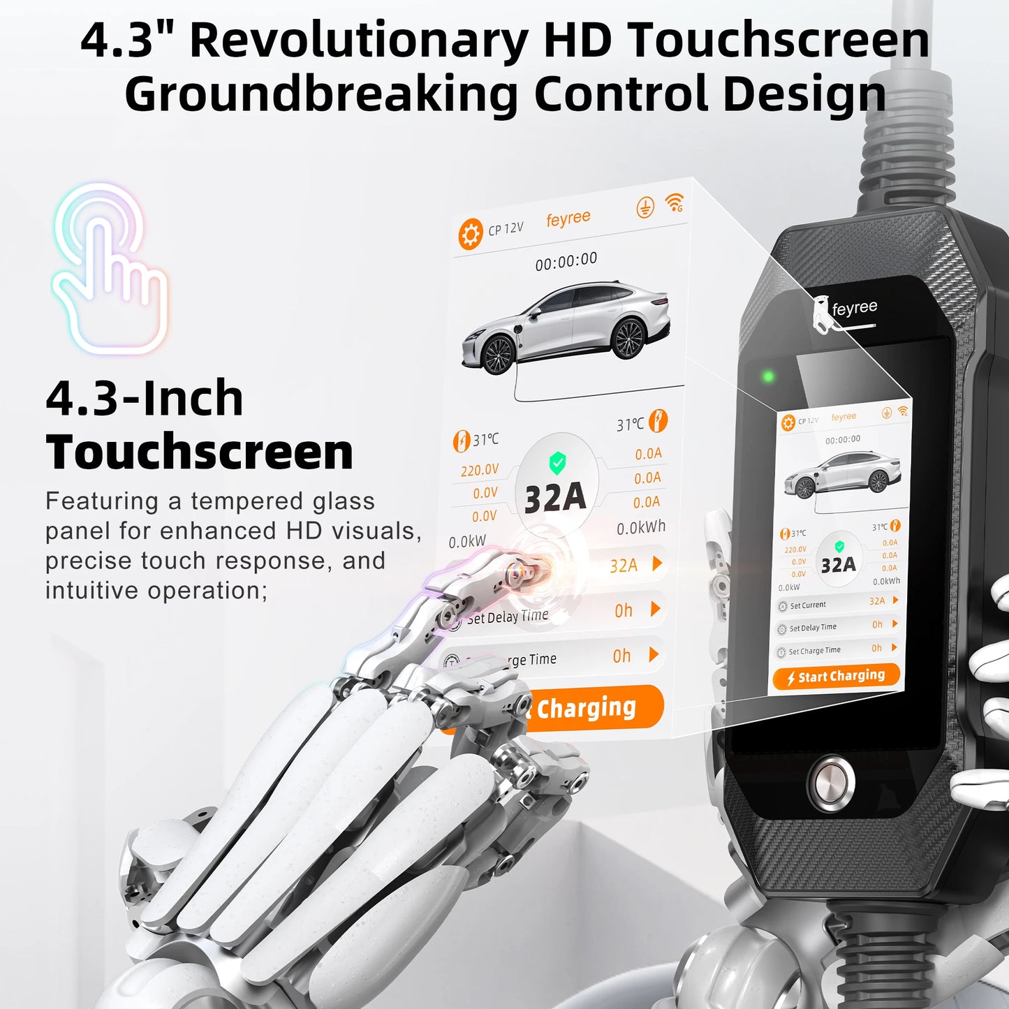 feyree 4.3 Inch Touch Screen Portable 7kW EV Charger Type2 Charging Plug with Smart Wifi APP AC Home Charger Professional Design