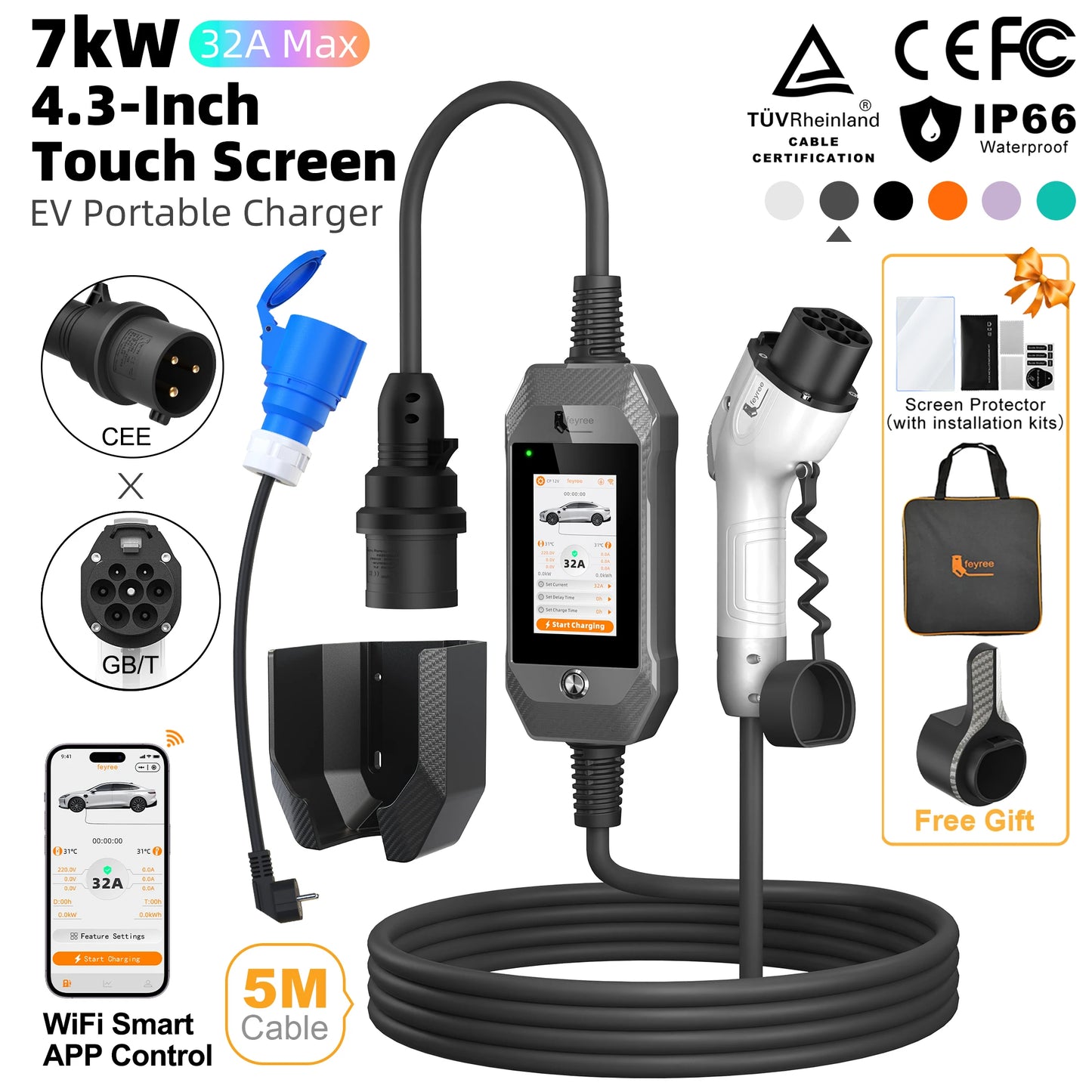 feyree 4.3'' TouchScreen Type1 Charging Plug Portable 7kW EV Charger Dual Temp Portection with Smart APP OTA Upgrade AC Charger