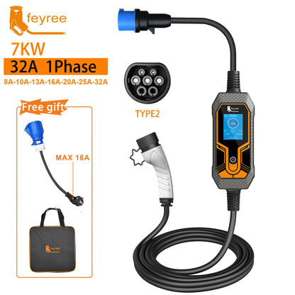 feyree Type2 7KW 32A 1Phase Portable EV Charger 5m Cable Current Adjustable EVSE Wallbox Charging Box for Electric Car Charger