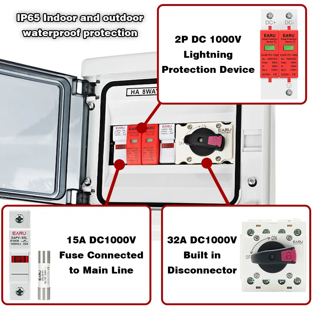 DC 1000V 1 Input 1 Output Solar Photovoltaic PV Combiner Box With Surge Lightning Protection DC Fuse MCB SPD Waterproof Box IP65