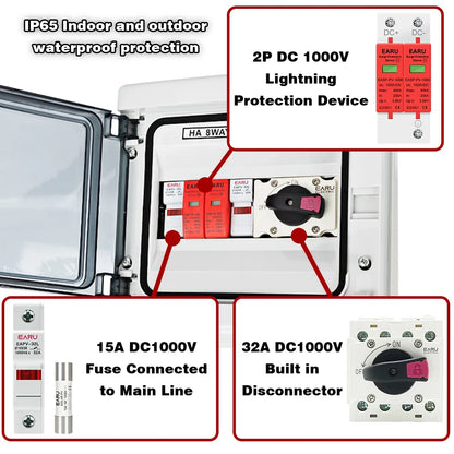 DC 1000V 1 Input 1 Output Solar Photovoltaic PV Combiner Box With Surge Lightning Protection DC Fuse MCB SPD Waterproof Box IP65