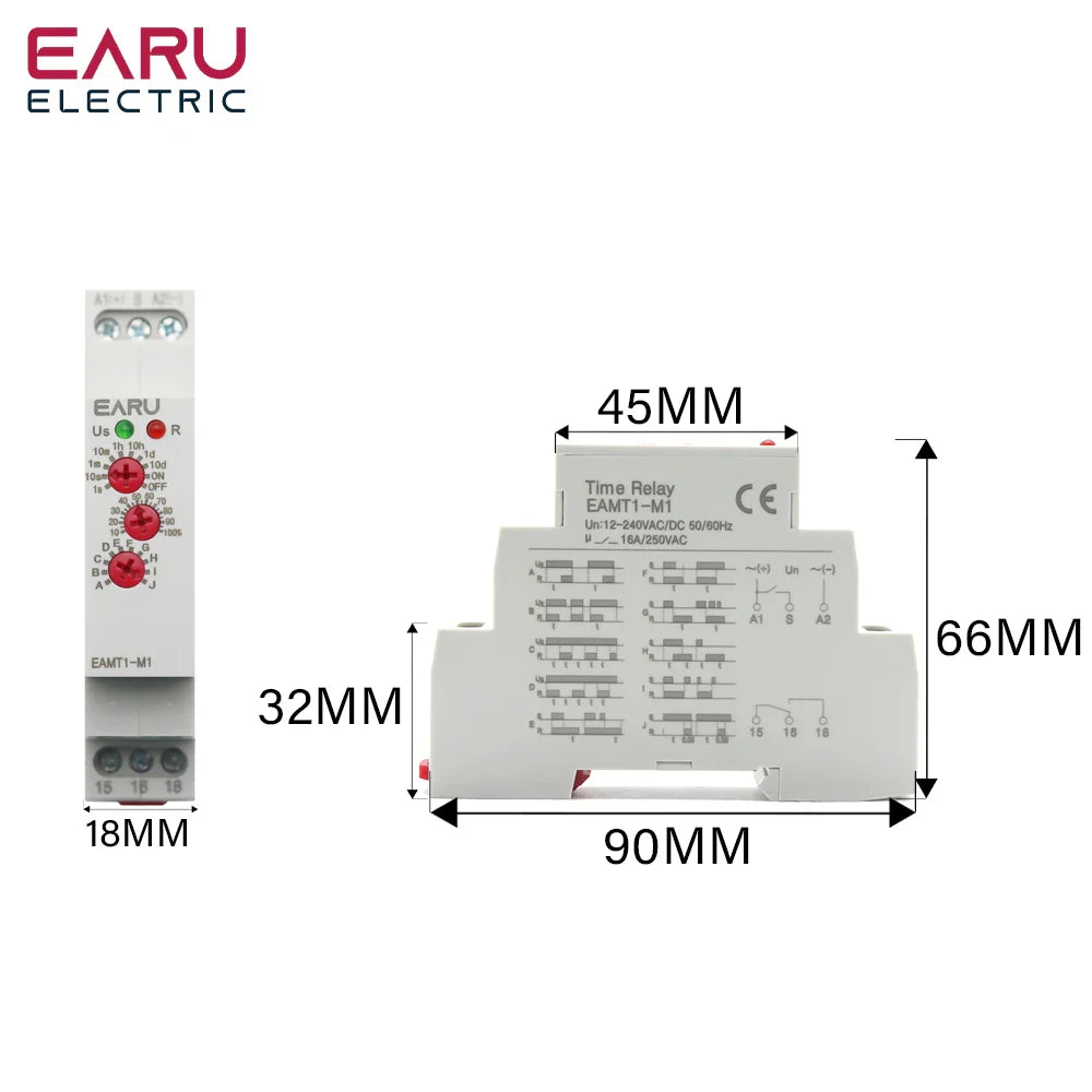 12-240VAC/DC Din Rail Type 0.1 second -10 days Time Delay Relay 16A/250VAC Multifunction Timer Relay with 10 Function Choices by 54Grid - Renewable Energy Store