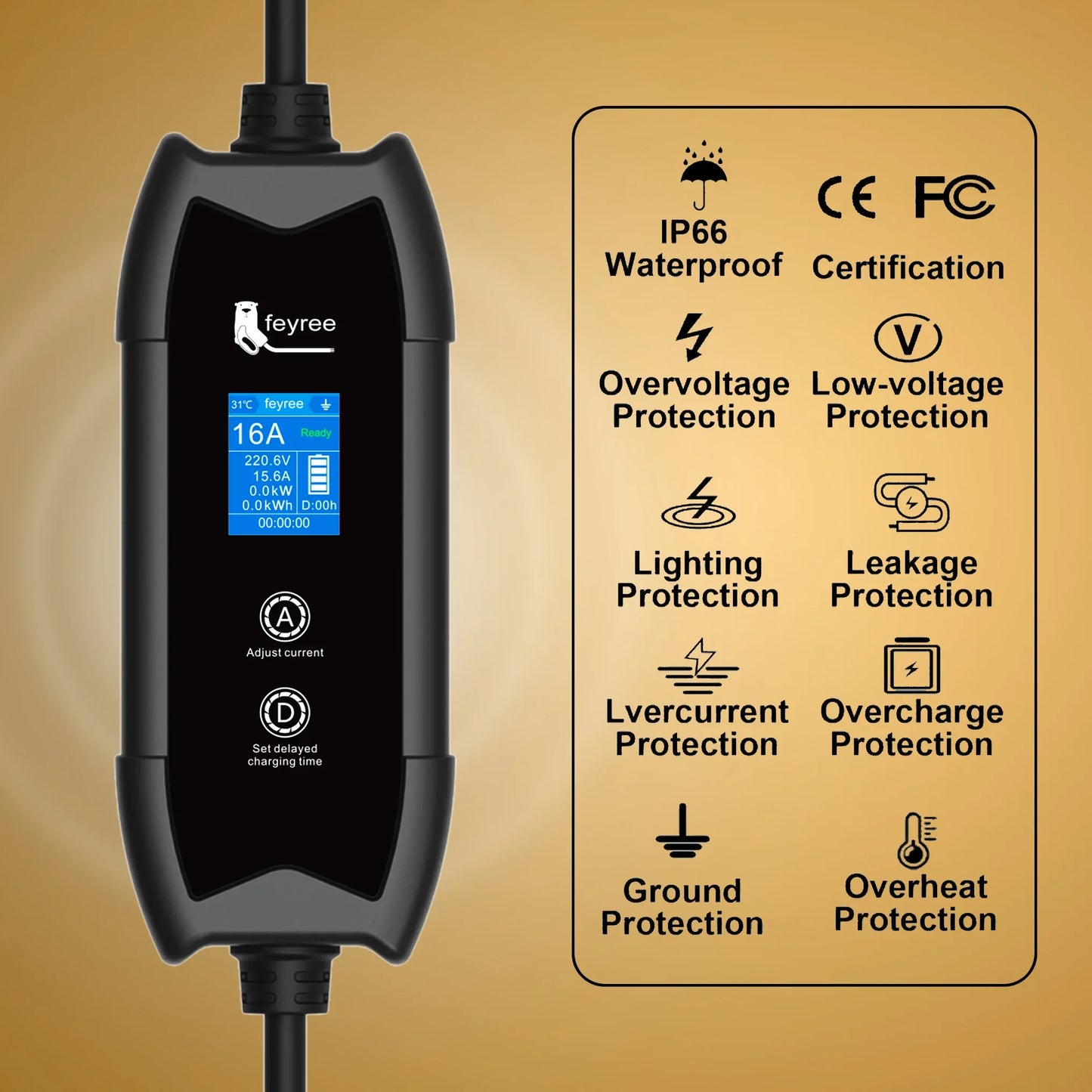 feyree Type2 3.5KW 16A Adjust Current EV Charger Portable Charging Box Set Current&Delay Time with Schuko Plug for Electric Ca