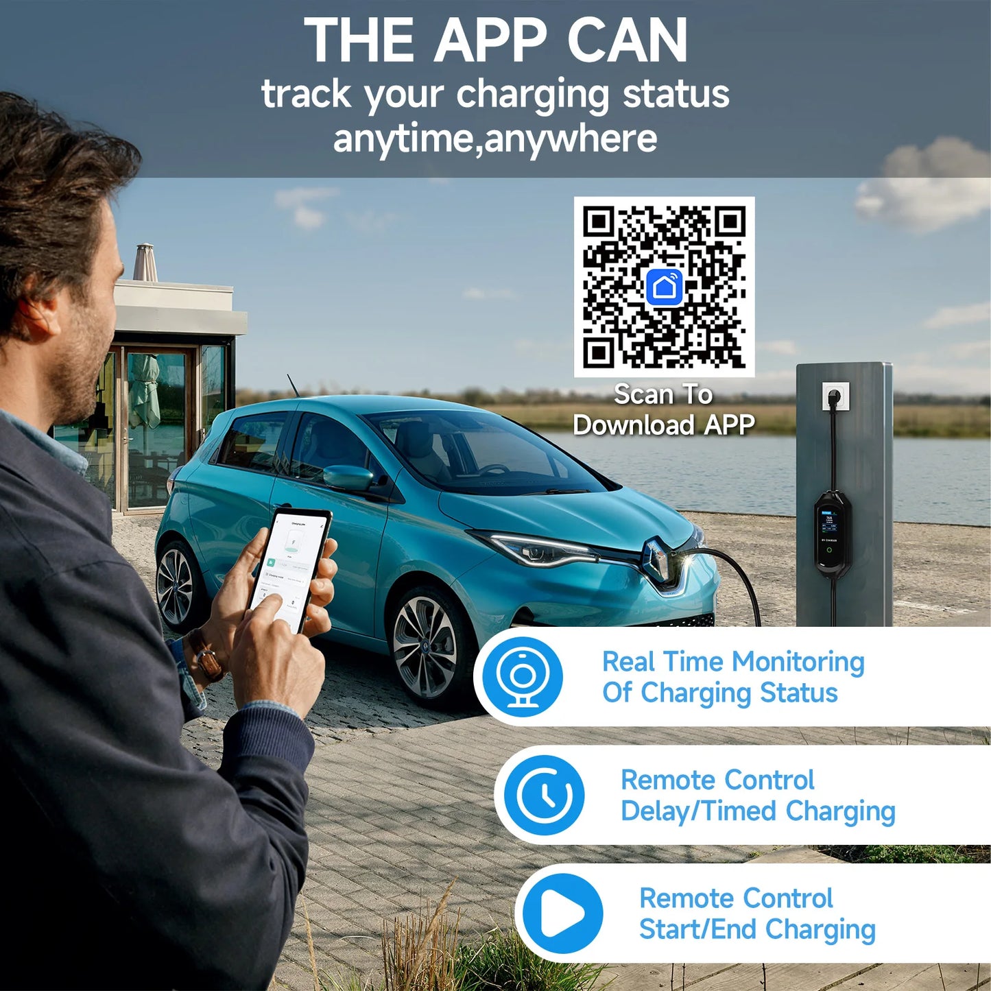 GB/T Portable EV Charger 3.6KW 7.2KW 11KW 22KW WiFi Bluetooth APP Control Adjustable Current IP65 Waterproof with 5m Cable and 2.8" LCD Display