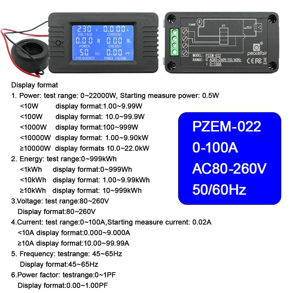 PZEM 5A 10A 100A Battery Capacity Tester AC80-260V 6in1 Voltage Current Power Capacity Meter Resistance Frequency Meter by 54Grid - Renewable Energy Store