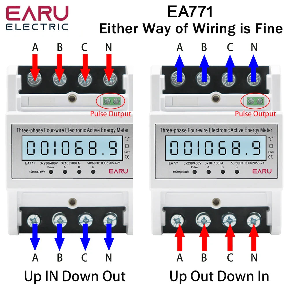 Three Phase Four Wires Eelectronic Active Energy Meter kWh Power Consumption Monitor DIN Rail 50/60Hz 3*5(100)A 50/60Hz  LCD LED