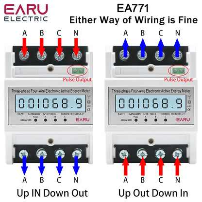 Three Phase Four Wires Eelectronic Active Energy Meter kWh Power Consumption Monitor DIN Rail 50/60Hz 3*5(100)A 50/60Hz  LCD LED